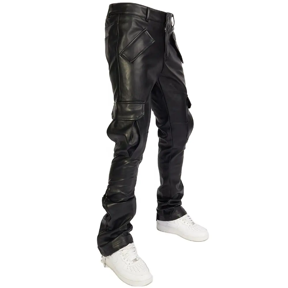 Calça de couro falso feminina, robusta calça de baixo com sino personalizada de couro y2k para motocicleta hip hop