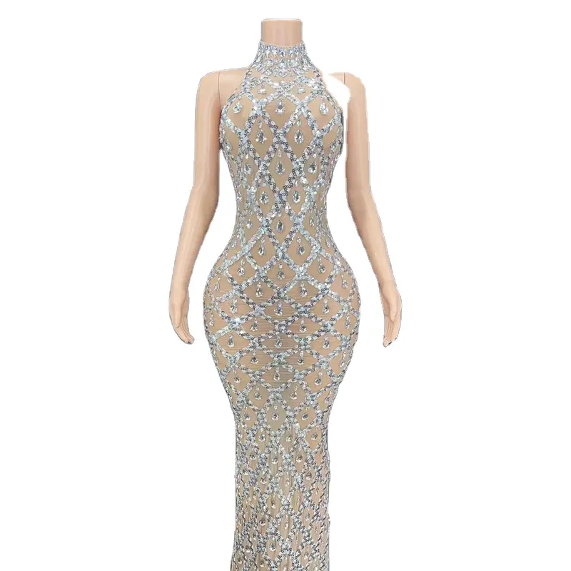 Sexy Shiny Strass Silber Kleid plus Größe Frauen Abend party Kleid Halfter Fischschwanz Kleid ärmel los