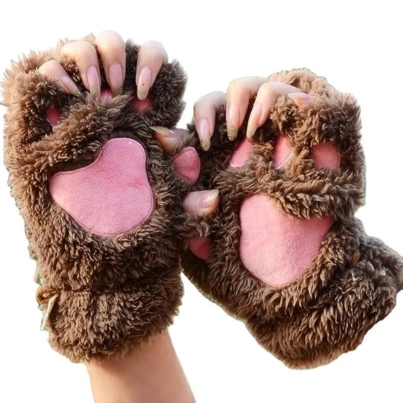 Kawaii Women Cat Fashion Girls Cat Claw Paw guanti in peluche Warm Soft Plush Short Fingerless Half Finger Winter