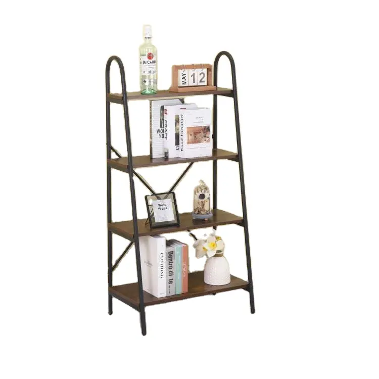 4 Tiers Rustic Style Bookshelf Walnut Wood Metal Bookcase Open Storage Shelves Brown