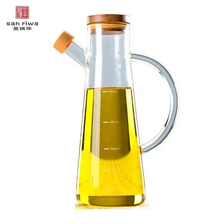 Jarra de vidrio de borosilicato para aceite, jarra de aceite, vinagre, botella de aceite de cocina, dispensador de vidrio a prueba de fugas con tapa de Bambú