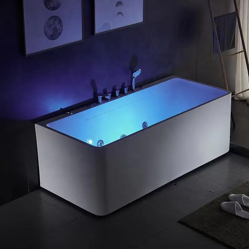 Modern Square Bathtub With Led Light White Acrylic Hydromassage Whirlpool For 1 Person Tub Yakuzzy Bathroom