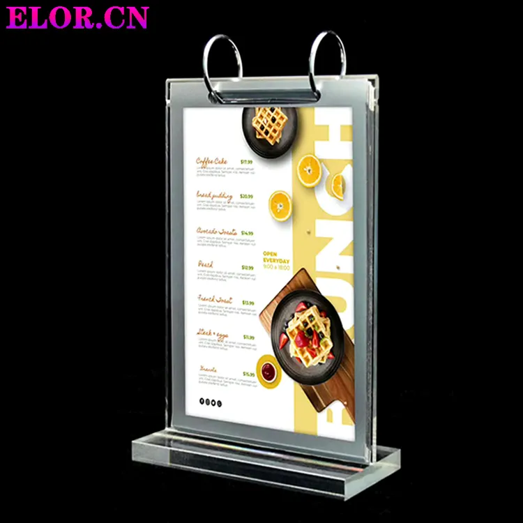 Elor Customized Transparent Acrylic Pageable A6 A5 A4 Restaurant Menu Holder Advertisement Table Card Product Presentation Stand