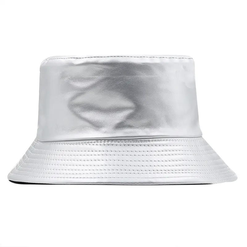 Unisex spring wide brim wholesale designer golden silver leather bucket hats for adults