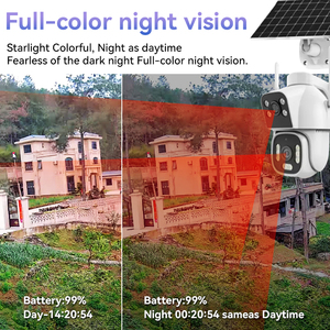 24 horas trabalhando áudio bidirecional construído em voz de alarme 4G <span class=keywords><strong>Wifi</strong></span> Sim IP exterior CCTV Solar Powered PTZ câmera de segurança de lentes duplas