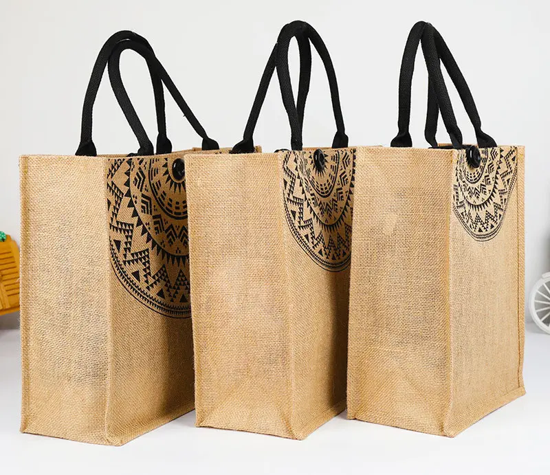 Bolsa grande de yute con estampado de logotipo personalizado para mujer, bolsa de compras de arpillera Natural, venta al por mayor