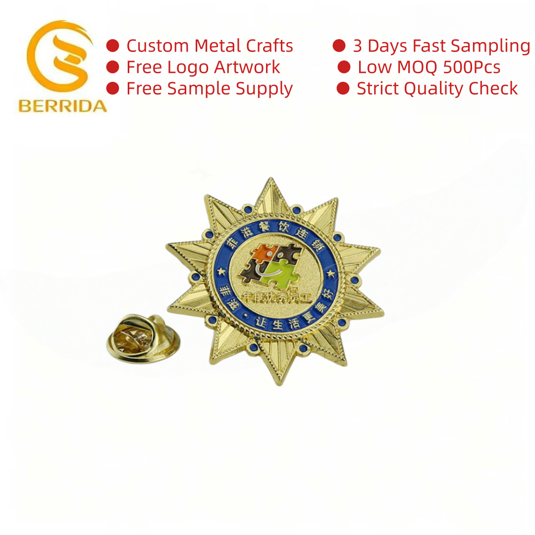 Badge bleu en forme d'étoile émaillée plaqué or pour récompense d'employé