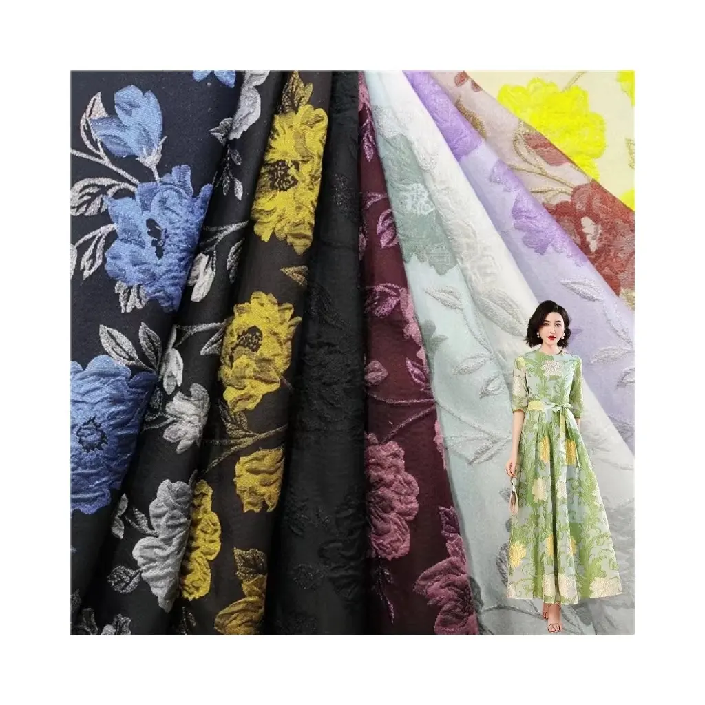 2024 3D Flor de peonía de lujo 100% poliéster Jacquard Tow tono colores moda hilo teñido brocado tela para vestido de mujer
