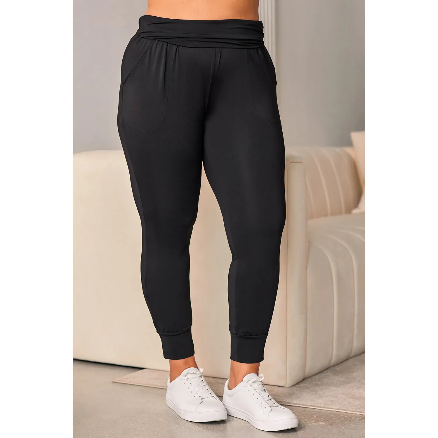 Pantalones negros de cintura alta con bolsillos para mujer, pantalones ajustados de moda de talla grande para mujer