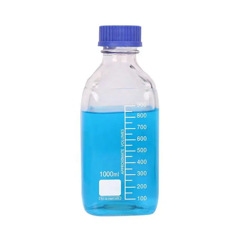 प्रयोगशाला कांच के बने पदार्थ बोरो3.3 1000 मिलीलीटर वर्ग अभिकर्मक बोतल रासायनिक जैव रसायन मीडिया ग्लास भंडारण जार नीले पेंच टोपी के साथ
