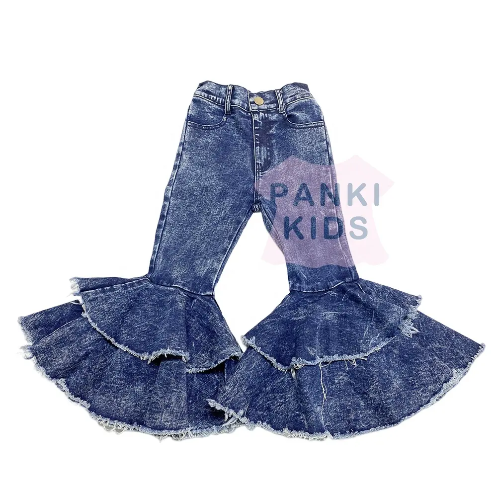 Grosir kustom penjualan laris gadis dicuci lonceng ganda asam anak-anak Denim dicuci jins bawah lonceng suar untuk bayi