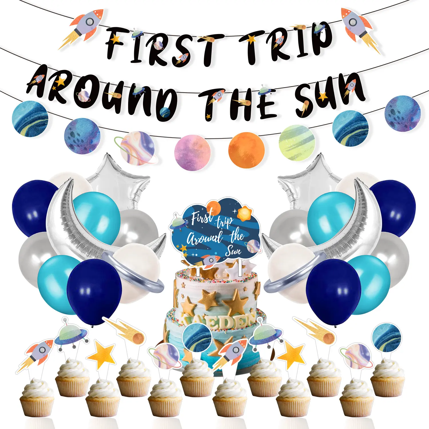 Primeira viagem ao redor dos planetas do sol, bandeira cupcake topper balão conjunto estrela lua folha balão
