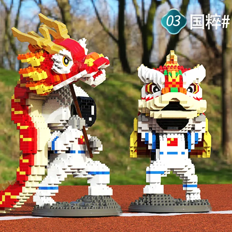 Cultura chinesa DIY Home Decor Dragon Dance Lion Dance Presente de Aniversário Mini Tijolo Brinquedos Empilhamento Astronautas Micro Building Blocks