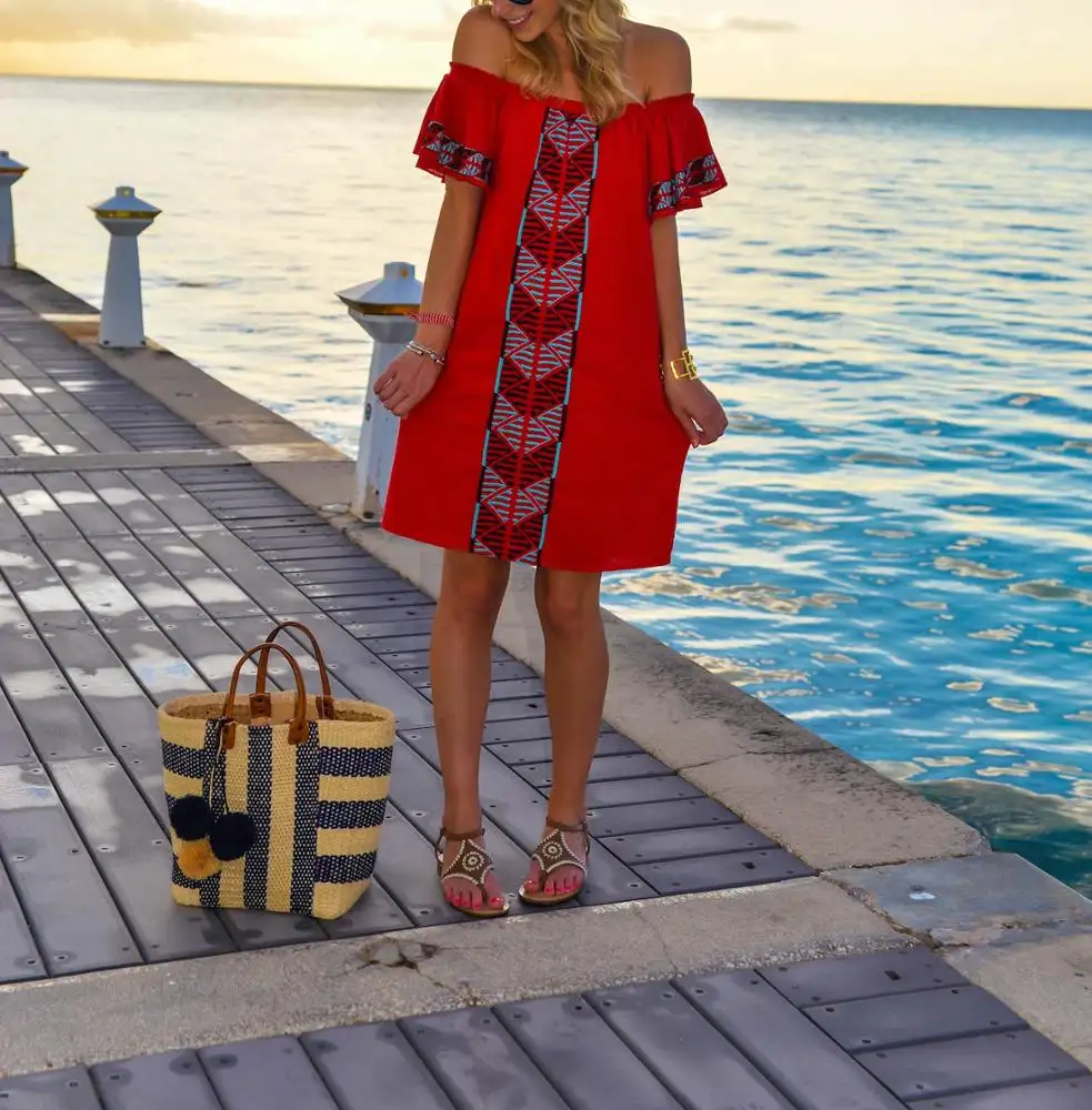 Vestido de mujer elegante de talla grande, Vestido largo de fiesta para la playa con estampado Floral, vestido bordado de manga corta para vacaciones y playa con hombros descubiertos