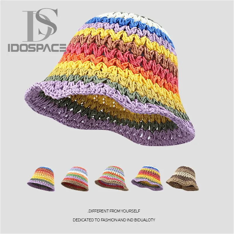 Femmes Mode Respirant Arc-en-ciel Crochet Fait à la Main Nouveau Printemps Pare-Soleil Chapeaux de Plage Mesdames Pêcheur Seau Chapeau