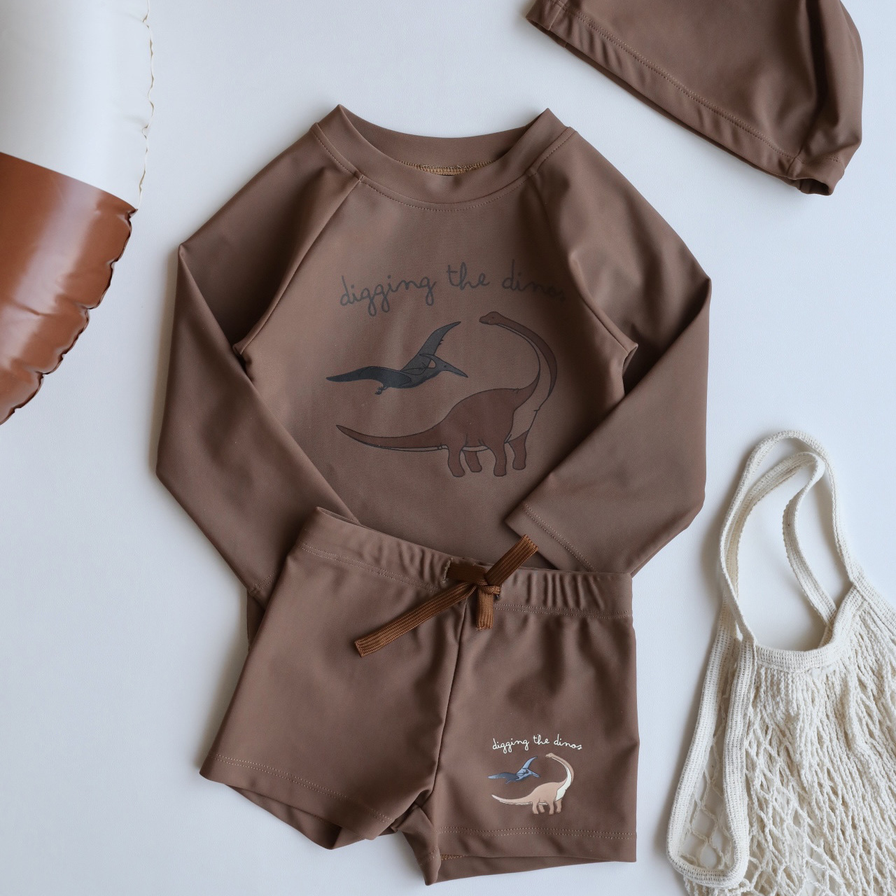Maillot de bain deux pièces garçon - pêche - dinosaure marron