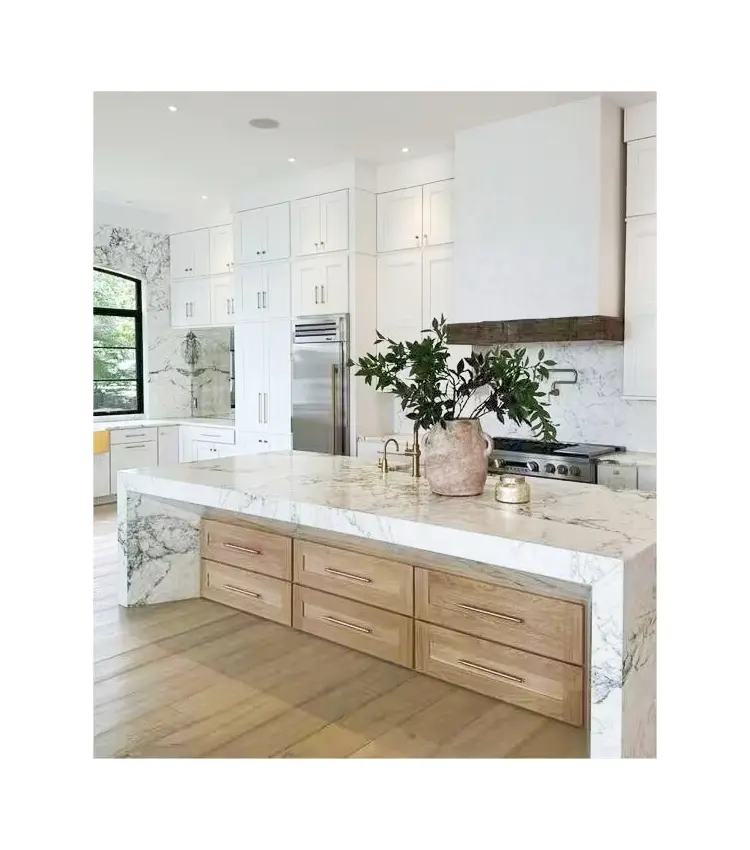 Contemporary design white shaker freestanding marble flat front wood kitchen cabinets