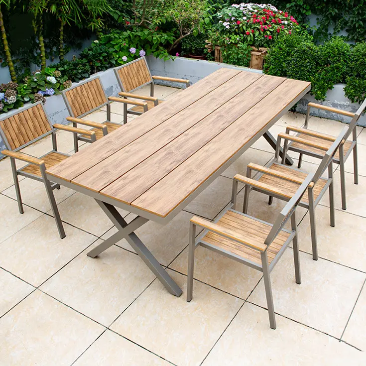 Profesyonel yeni moda mobilya açık yemek bahçe açık plastik ahşap masa satılık