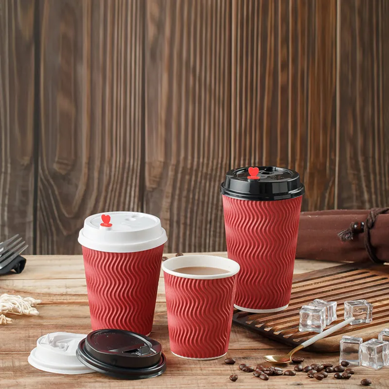 8Oz 12Oz 16Oz Customized Design Printed Disposable Double Wall Ripple Take Away Coffee Cups with Lids