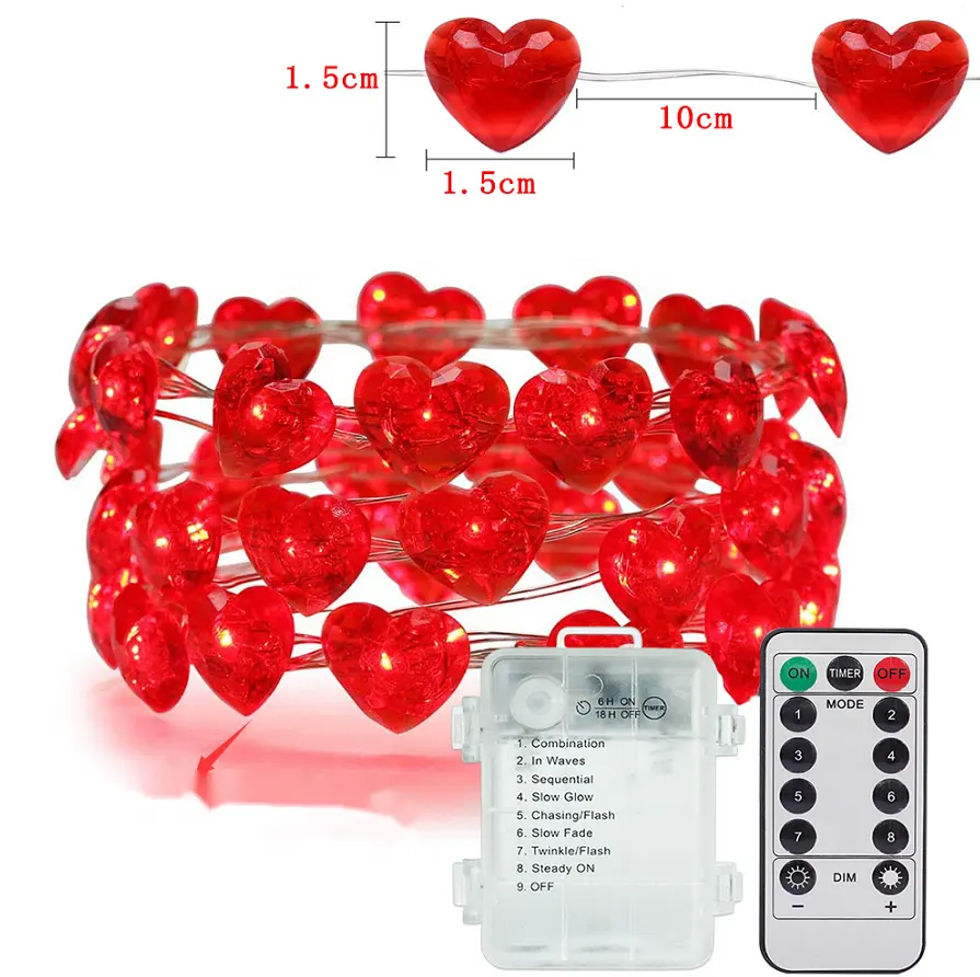 Corda de luzes de led para decoração de dia dos namorados, varal led em forma de coração, vermelho, operado a bateria, cobre, luz de fadas para casamento