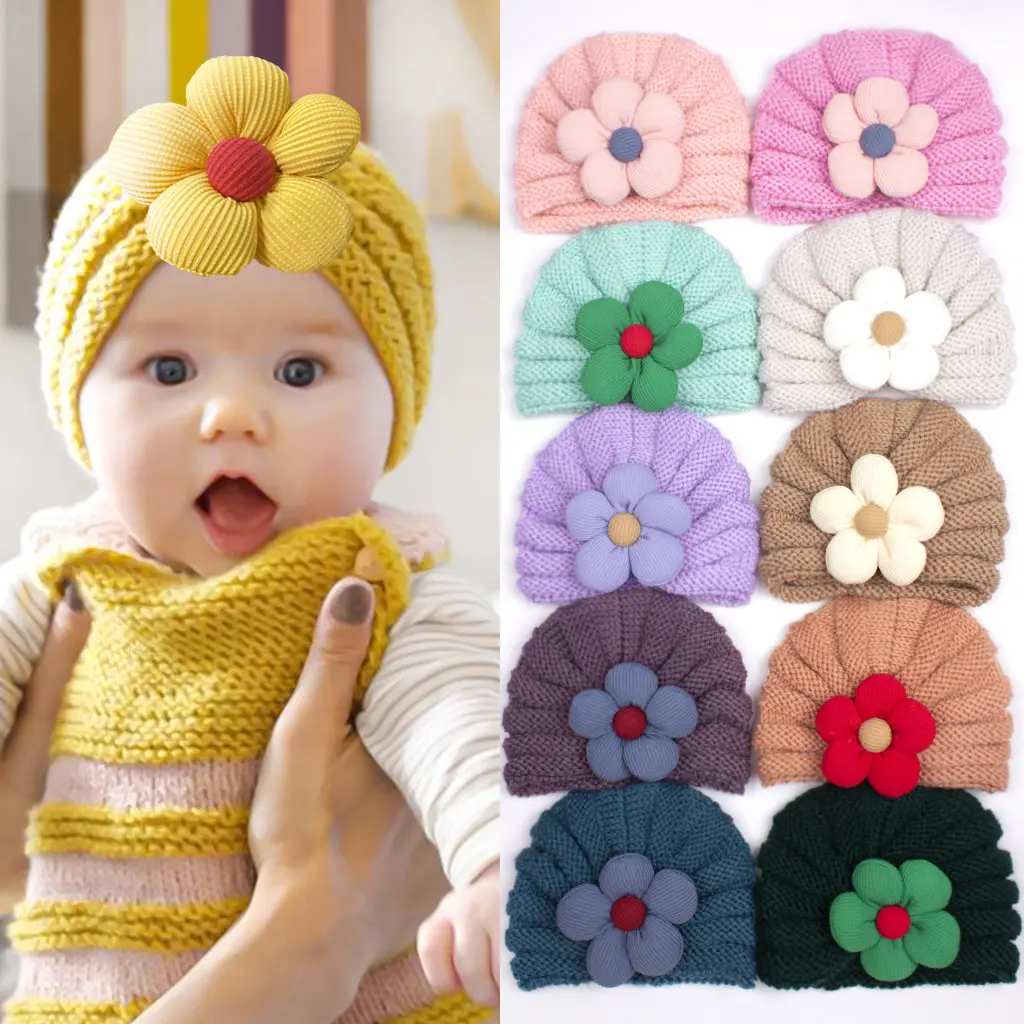 19色の赤ちゃんのヘッドバンド帽子ニット赤ちゃん子供冬の暖かい帽子大きな花新生児幼児かぎ針編みボンネット子供