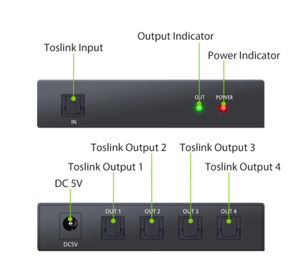 Divisores de audio óptico digital de aluminio 1X4 con cable óptico SPDIF Toslink Divisor de audio de fibra óptica 1 en 4 salidas - Product Image 1