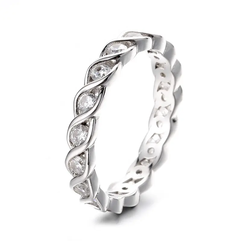 Venta al por mayor popular joyería fina rodio plateado de punto S925 nudo de plata esterlina moissanita diamante eternidad banda anillo para mujer