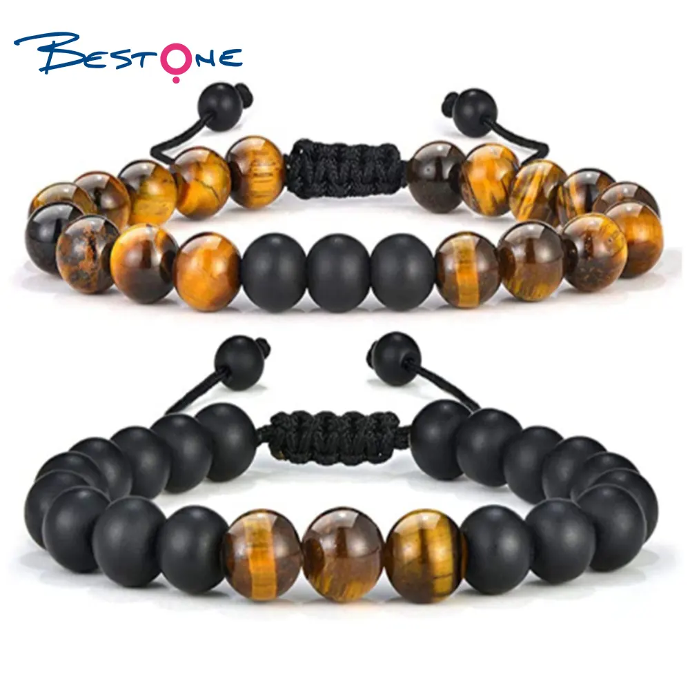 Pulsera de cuentas de piedra de ojo de tigre de 8mm, brazaletes de cuerda trenzada ajustable, roca de lava Natural para hombres y mujeres, pulseras de equilibrio curativo de Yoga