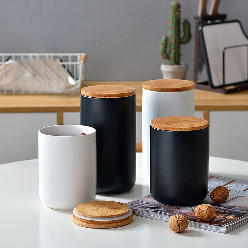 Potes de cerâmica cilíndrico de design conciso, potes de armazenamento foscos para cerâmica, preto/branco, para chá, café, açúcar, com tampa de bambu