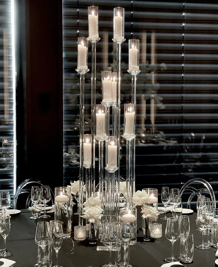 Castiçal de cristal de casamento 10 braços, castiçal de cristal com suporte de vela de tecido, mesas de mesa