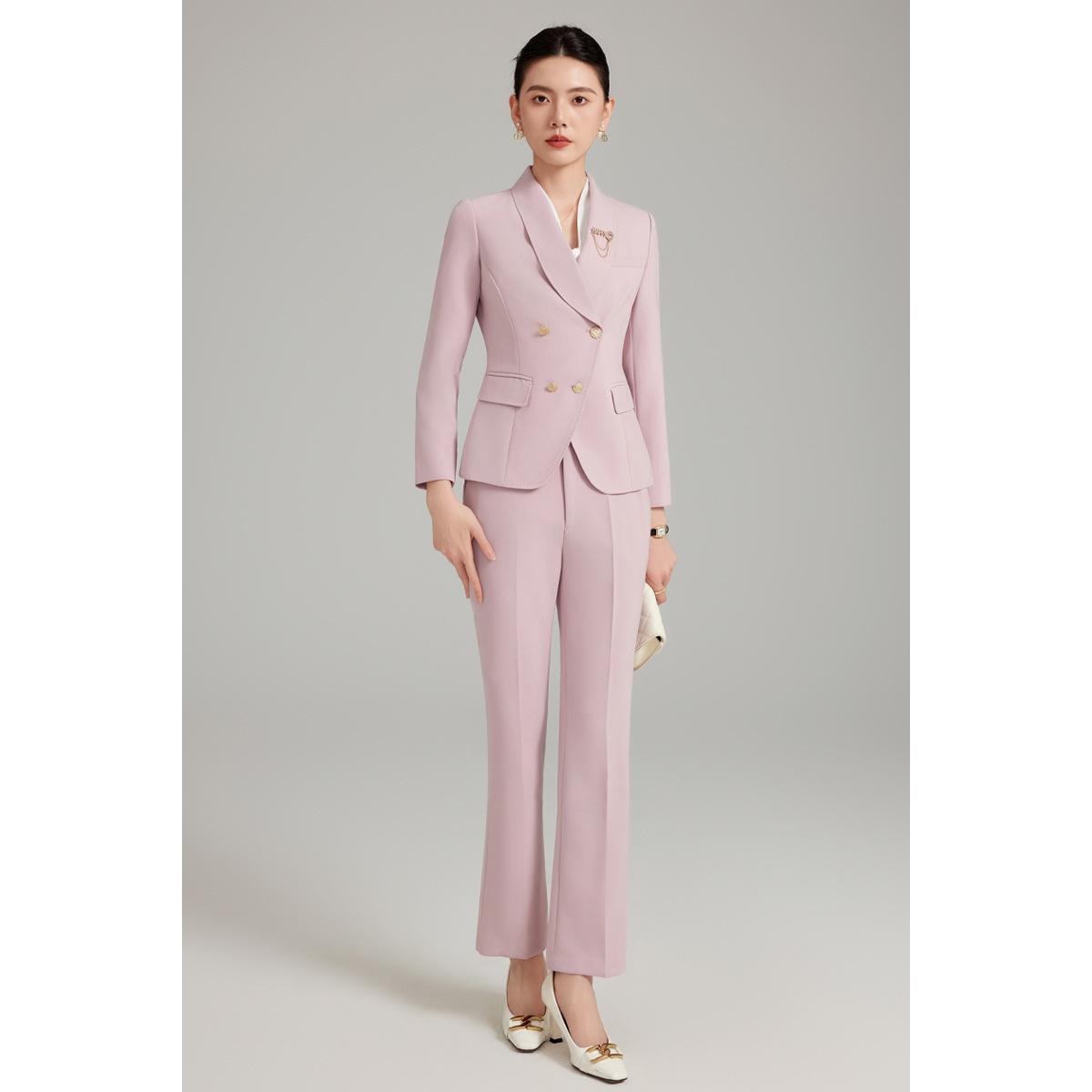 Pink suit with slightly flared pants