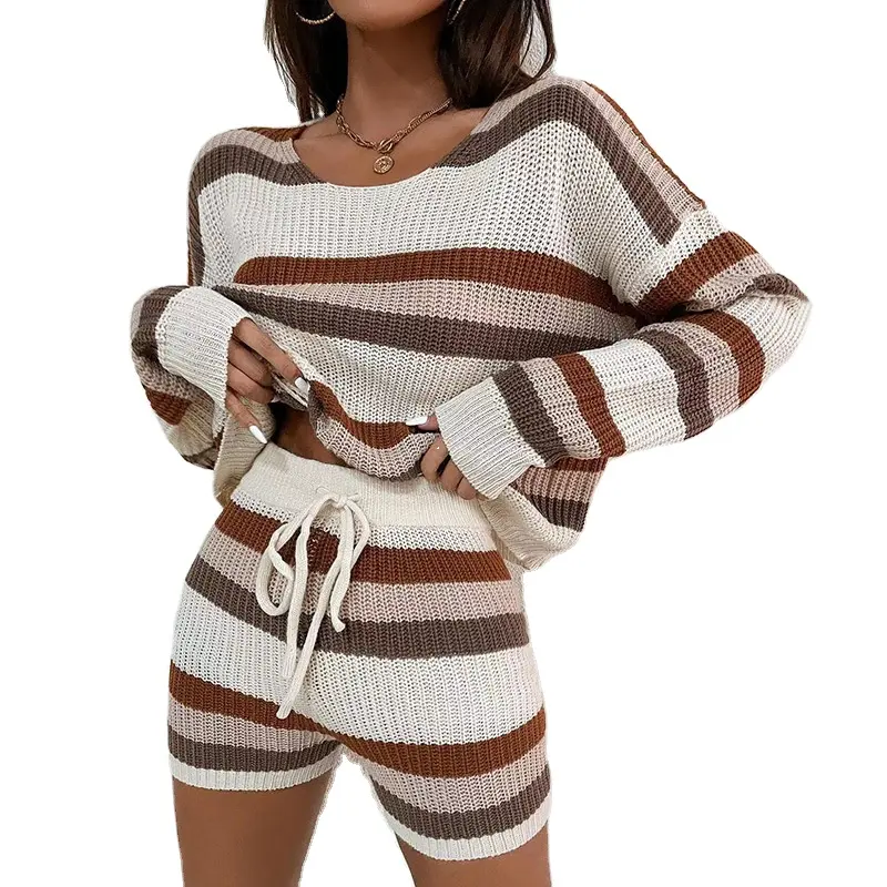 Conjunto de 2 piezas de suéter corto con hombros caídos y estampado a rayas para mujer y pantalones cortos con cordón en la cintura