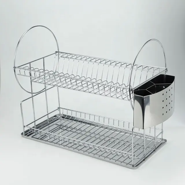 Household Stainless Steel Dish Drainer Easy Clean Standing Type with Cutlery Drainer Chrome Wire Shelf Double Dish Rack
