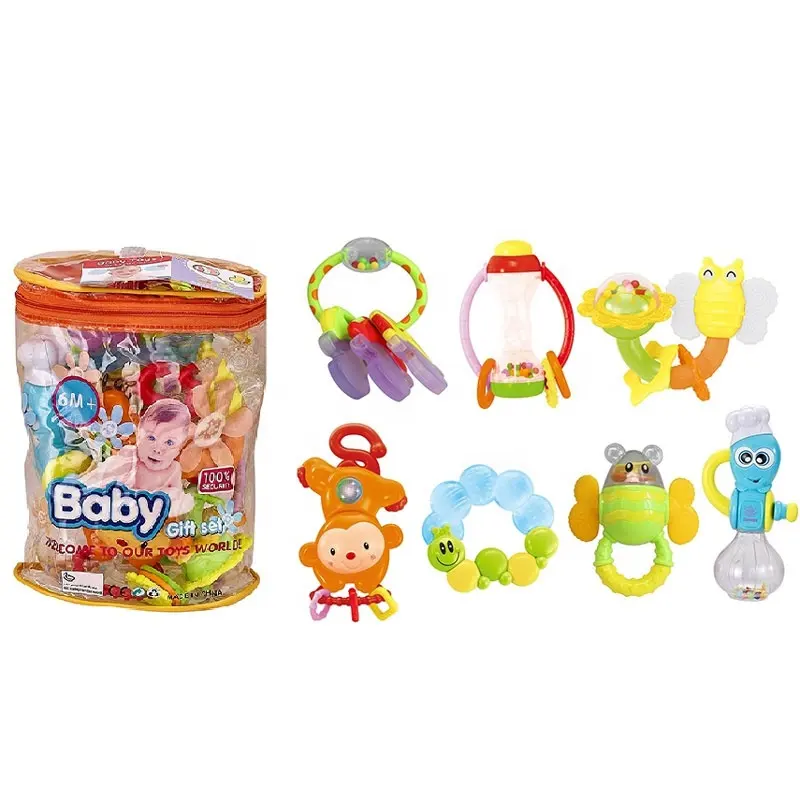 Sonagli a mano divertenti per bambini all'ingrosso per campana da letto giocattolo lenitivo per cartoni animati set regalo neonato con anello massaggiagengive