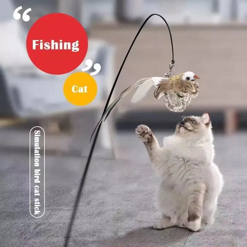 Mainan Burung Kucing Interaktif, Mainan Burung Bulu Burung Lucu dengan Tongkat Kucing untuk Bermain Penggoda Persediaan Kucing