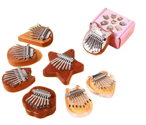 Kalimba Piano jempol Mini 8 kunci, liontin instrumen musik dapat dipakai kayu/akrilik kecil 8