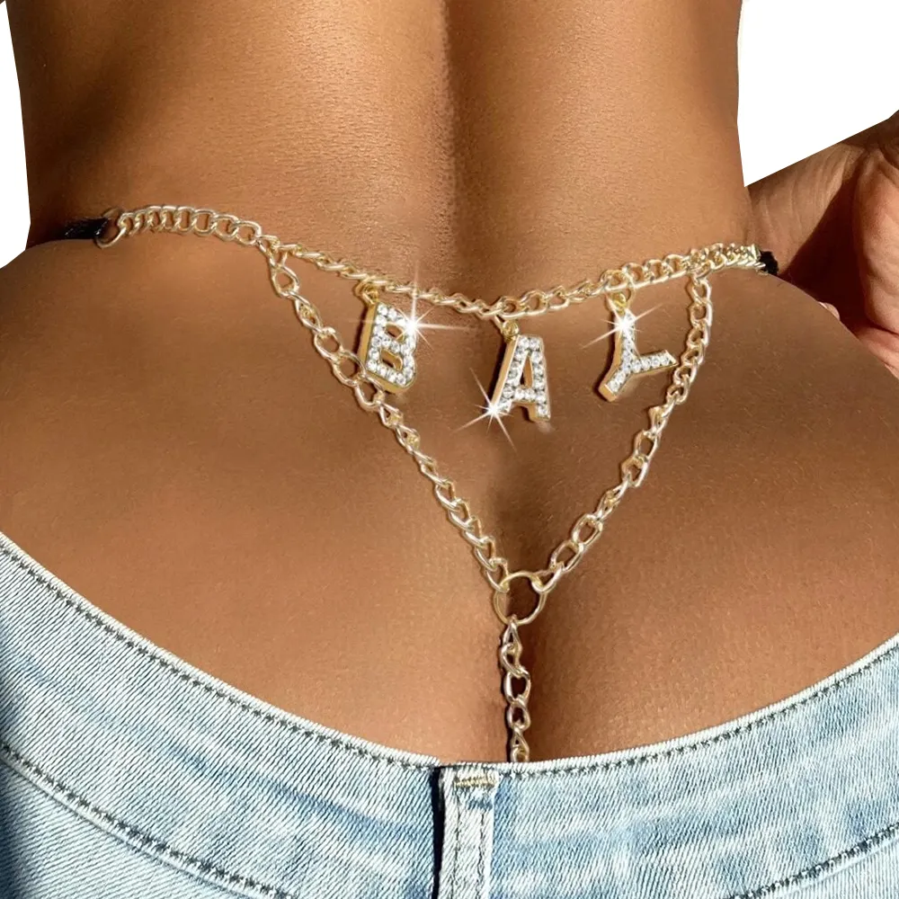 String avec chaîne en diamant et lettres personnalisées pour femmes, sous-vêtements uniques pour dames, culottes pour filles, string et string sexy