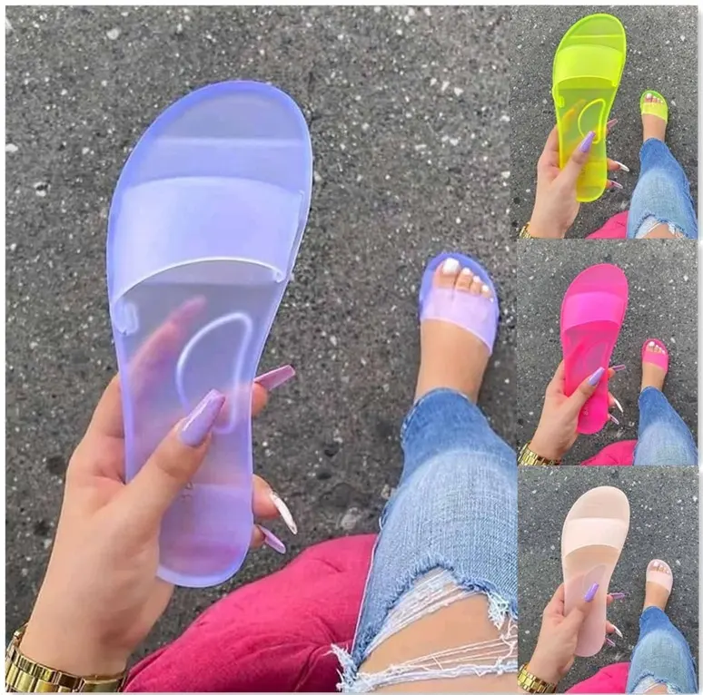 2021 mode été sandales clair sans lacet gelée chaussures plat plage sandales en plein air vacances diapositives pour les femmes