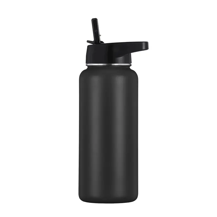 IN STOCK 32oz black double wall vacuum insulated thermal flask 304 stainless steel water bottle with lid and straw