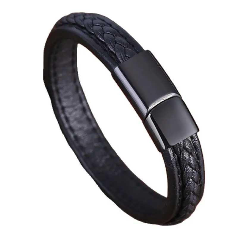 2022 New Simple Men Leather bracciale in acciaio inossidabile bracciale intrecciato con fibbia magnetica in pelle nera da uomo in pelle multistrato