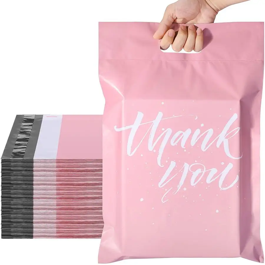 Розовая почтовая сумка с надписью Thank you 10x13, курьерская доставка с принтом логотипа на заказ, почтовая посылка, почтовые пакеты, почтовые отправки с ручкой