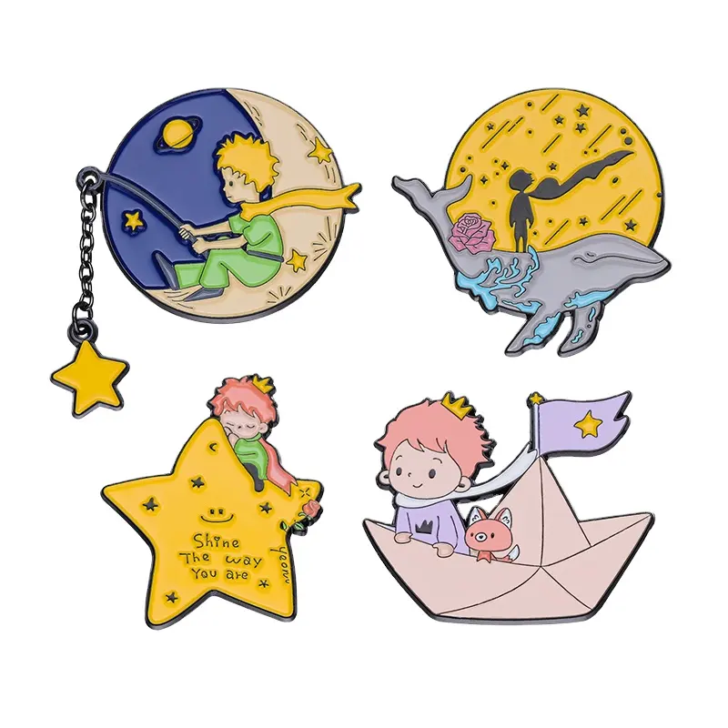 Alfileres esmaltados de Prince Fox, broches personalizados de Luna, estrella, barco de papel, ballena, insignias de solapa, joyería de dibujos animados, regalo para niños y amigos