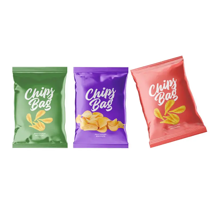 Sacchetti per imballaggio con guarnizione posteriore stampata personalizzata sacchetti per imballaggio bassi MOQ con Popcorn laminati Snack per uso alimentare sacchetti di patatine in plastica