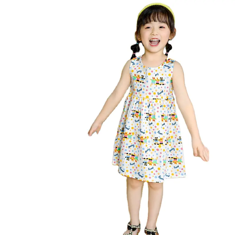 カスタマイズされた春の甘い子供女の子の漫画プリント綿ラインスカートドレス子供服