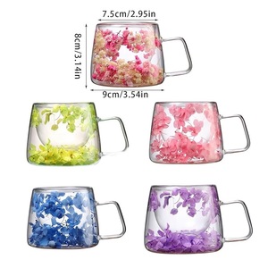 <strong>2025</strong> New Style Ama Zon <strong>Best</strong> Selling Birthday Gift Floral Fusion Double Wall Glass <strong>Coffee</strong> Cups <strong>Mug</strong> With Dry Flower