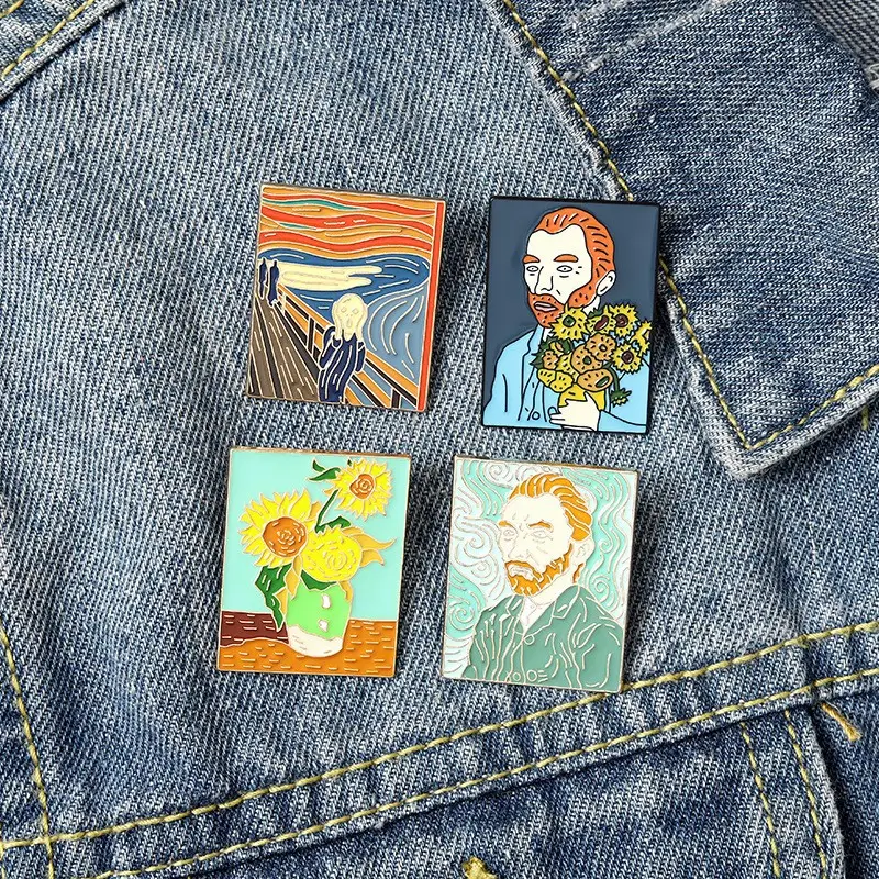Venta caliente Vincent Van Gogh pintura al óleo broche barato al por mayor personaje gato paisaje sentido artístico esmalte suave solapa Pin insignia