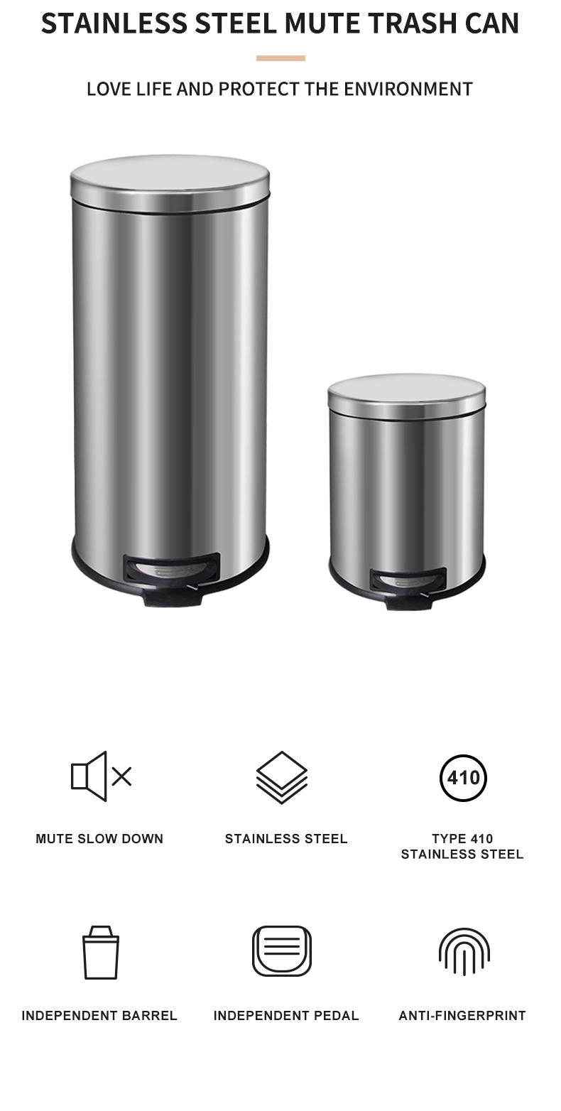 30L Big Stainless Steel Dustbin Trash Can Garbage Waste Bin Bucket Kitchen Hotel
