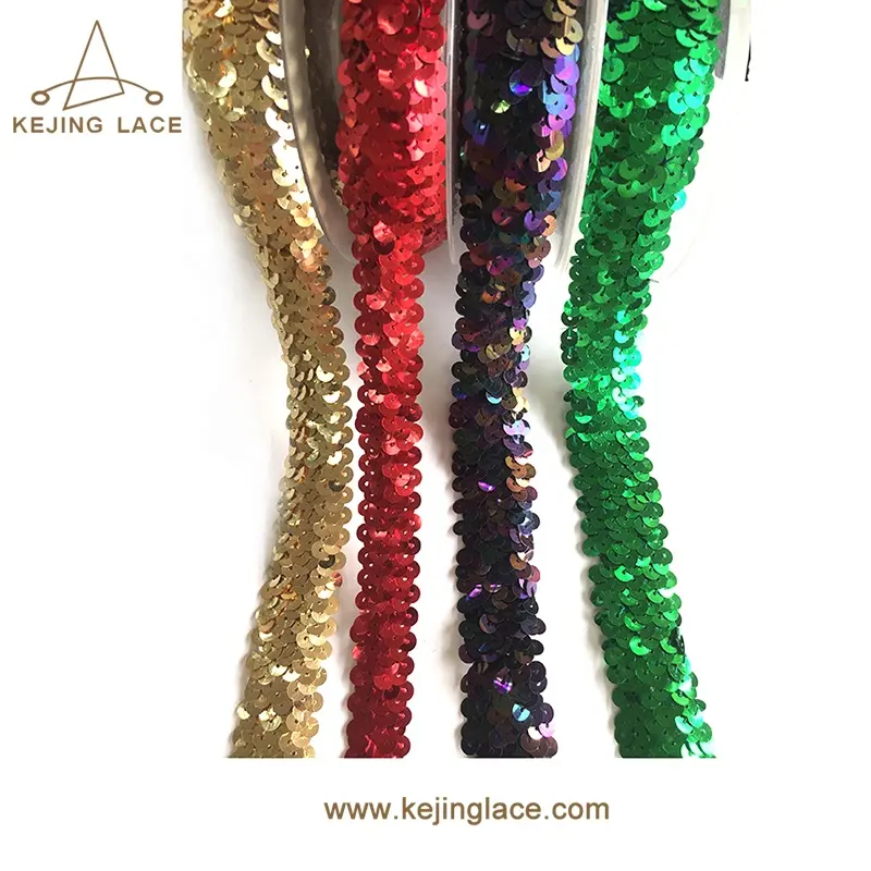RPET Shiny Sequin Lace Trim Ribbon para Festival Natal Decoração Dança Vestidos Atacado Crochet Stretch Lantejoula Lace