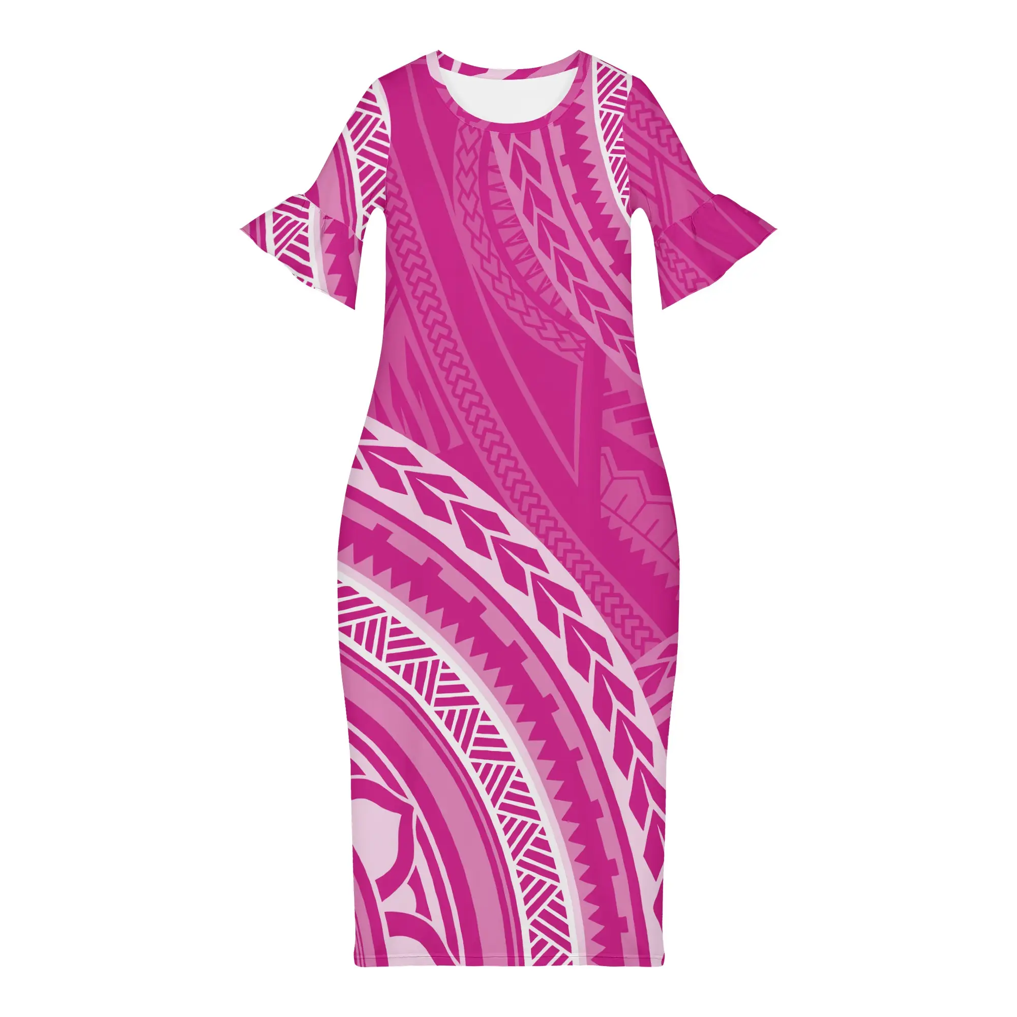 Hot sale summer women's rose red short sleeve midi dresses Polynesian Tribal Wave Pattern Alternating bodycon Casual dress
