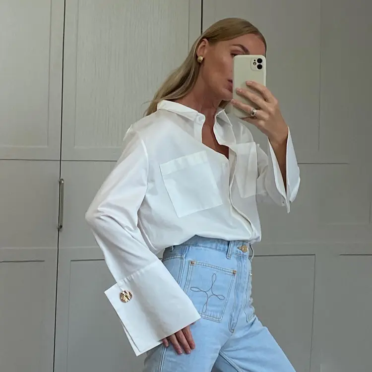 Elegante Chique Tops Oversized Fit Revers Lange Mouw Office Dame Shirts Casual Losse Witte Vrouw Blouses